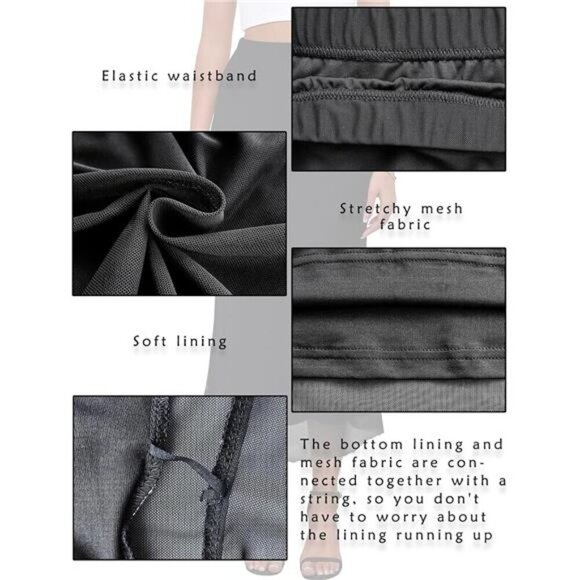 Women's Mesh Midi Skirt Elastic High Waisted Black - Picture 6 of 6